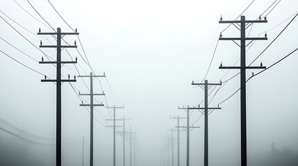 Utility Poles With Wires Disappearing in Thick Gray Fog on Overcast Day, Power Lines