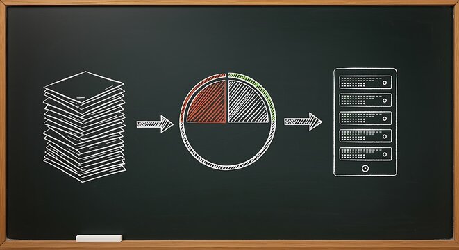 Chalkboard diagram showing data processing from stack to server blackboard - Powered by Adobe