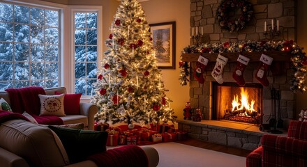 A beautifully decorated living room glowing with warm Christmas lights, a large tree filled with ornaments, stockings hanging by a fireplace, soft snow falling outside the window — ultra realistic, ci