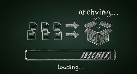 Chalkboard drawing of files being archived into a box with loading bar archiving documents