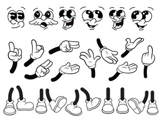 Retro Cartoon Face Hand and Foot Elements Set. Different poses arm and feet. Body parts mascot.