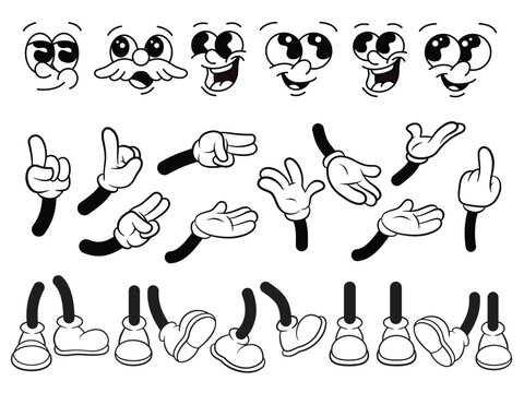 Retro Cartoon Face Hand and Foot Elements Set. Different poses arm and feet. Body parts mascot.