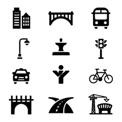 Set of urban infrastructure and transportation icons including buildings, bridges, vehicles, traffic lights, and roads