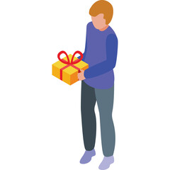 Man in Blue Long Sleeve Shirt and Grey Pants Holding a Yellow Gift Box with Red Ribbon on White Background Isometric View