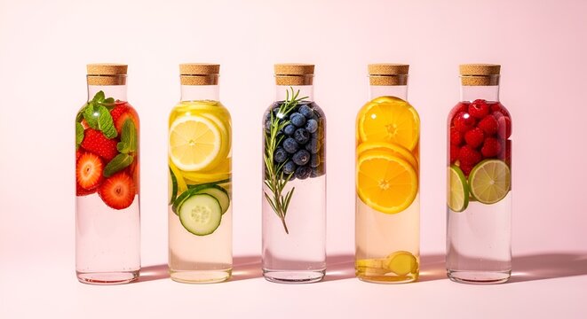 Refreshing infused water bottles with fresh fruits and herbs, healthy lifestyle
