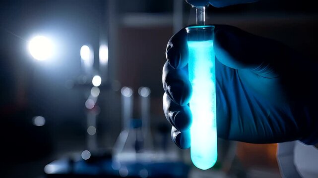 Scientist holding glowing test tube in laboratory with equipment in background