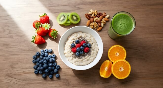 Healthy breakfast with oatmeal, fruits, nuts and green smoothie.