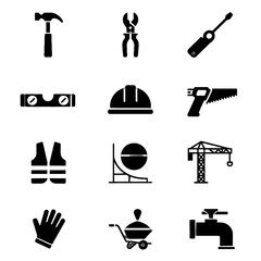 Obraz premium Set of construction and industrial tool icons including hammer, pliers, screwdriver, level, hard hat, saw, safety vest, protractor, crane, gloves, wheelbarrow, and pipe fitting