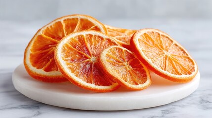 Close up macro photograph of vibrant dehydrated orange citrus slices with visible seeds and texture arranged artfully on a white marble textured pedestal with soft natural light casting subtle shadows