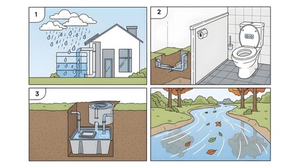 Household sanitation cycle — septic, drainage and river contamination infographic
