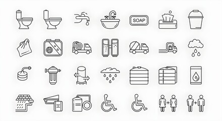 Bathroom & toilet line-icon set &mdash; fixtures, hygiene and plumbing symbols