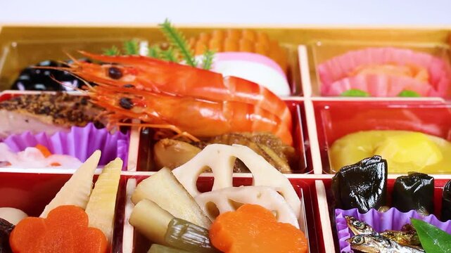 おせち料理　クローズアップ　回転