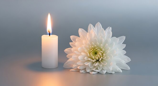 Candle and white flower isolated on white background for memorial service - Powered by Adobe