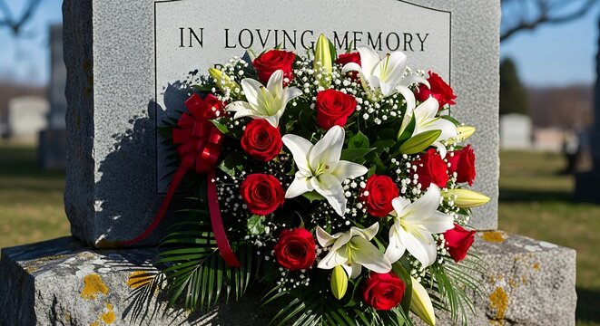 Floral arrangement on tombstone with inscription in loving memory at cemetery