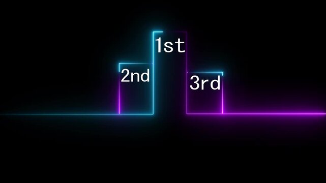 Neon illuminated podium with 1st 2nd and 3rd place markers against a dark background winner victory