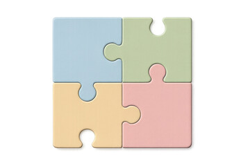 Four colorful jigsaw puzzle elements connecting and building a complete square, illustrating collaboration, integration, and strategy