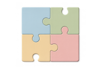 Four colorful jigsaw puzzle elements connecting and building a complete square, illustrating collaboration, integration, and strategy