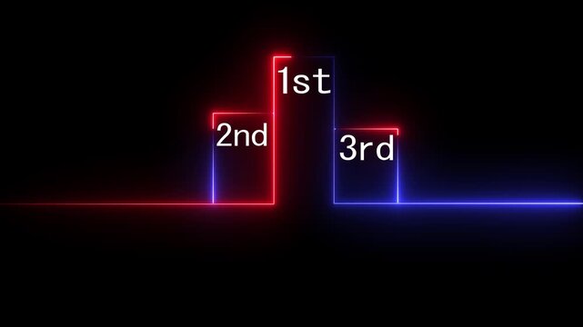 Neon illuminated podium with 1st 2nd and 3rd place markers against a dark background winner victory