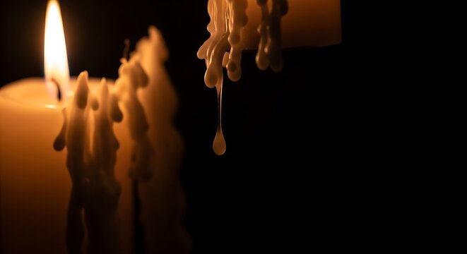 Close up of dripping wax from burning candles in a dark background