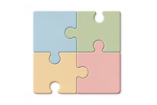 Four colorful jigsaw puzzle elements connecting and building a complete square, illustrating collaboration, integration, and strategy