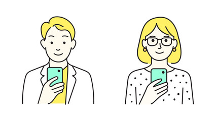 Modern Adult Man and Woman Holding Mobile Devices - Simple Outline User Profile Vector Illustration