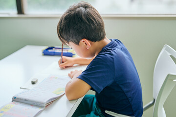 ノートに書き取りをする小学生の男の子 © TY