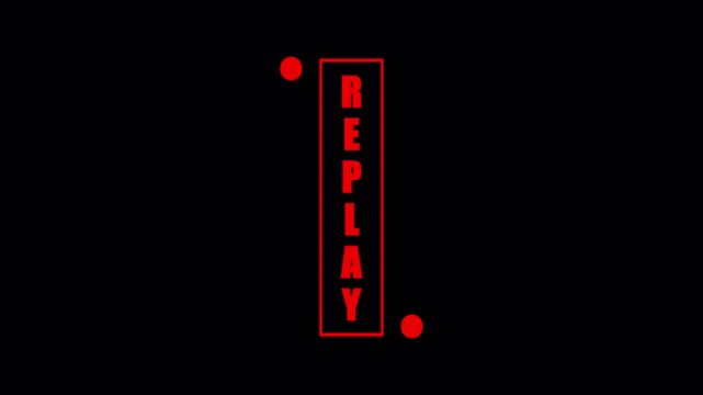 Red replay text with dots on a black background for video games and sports, replay text for repeat the action.