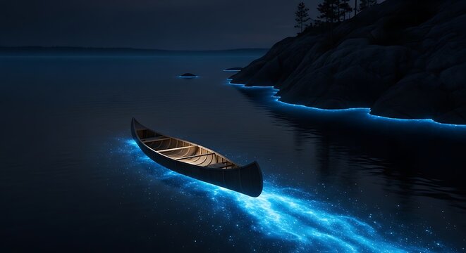 Canoe glides through bioluminescent water creating glowing blue trails at night
