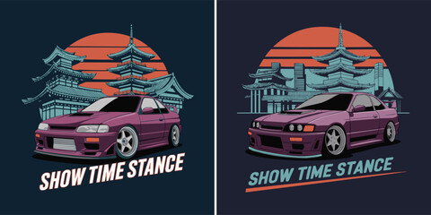Japanese stance car illustration with pagoda temple and sunset background for street racing t shirt design