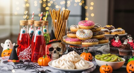 A halloween themed dessert table with drinks donuts cupcakes and other spooky decorations visible here