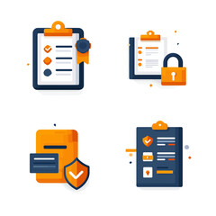 Vector Flat Design SVG Icon Set with Clipboard Documents Lock and Shield Elements in Modern Minimalist Style with Orange and Blue Colors