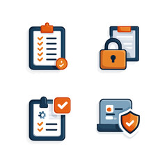 Vector Line Art SVG Icon Set with Checklist Pad Lock Shield Design in Minimalist Flat Style