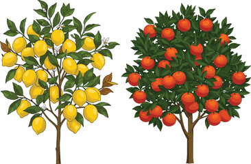 Illustrated comparison of lemon tree with yellow fruits and orange tree with vibrant oranges, botanical agricultural vector design for education