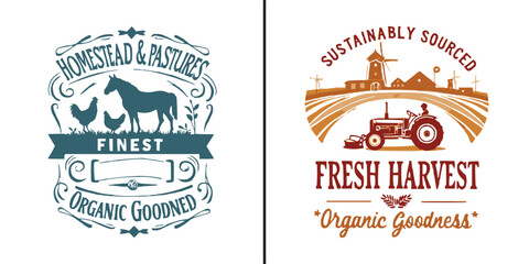 Obraz premium Homestead and pastures organic farm label set with horse chicken tractor and windmill for fresh harvest natural produce branding