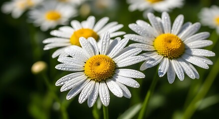 Fototapeta premium Close up of delicate white daisies with bright yellow centers blooming in a sunny garden