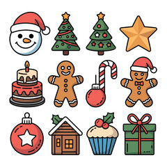 Festive Christmas Icon Set with Traditional Holiday Symbols Featuring Snowman Trees Gingerbread Men and Gifts Depicting the Joy and Celebration of the Season