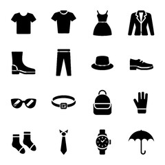 Collection of black silhouette icons representing various clothing and accessories items