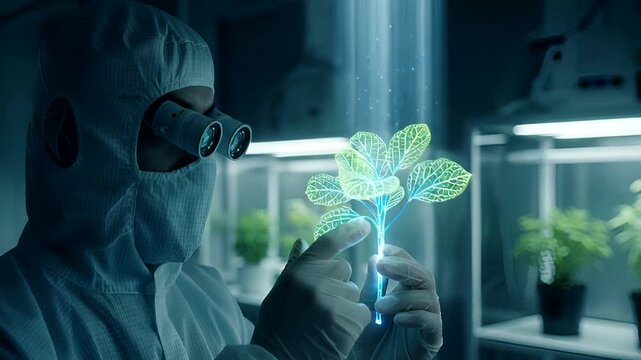 Scientist in protective gear examines a glowing plant in a lab setting - Powered by Adobe