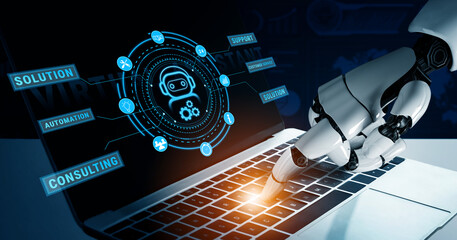 Fototapeta na wymiar AI virtual assistant service providing business support and customer service solutions. A concept of 24 7 AI automation for business efficiency. Motif