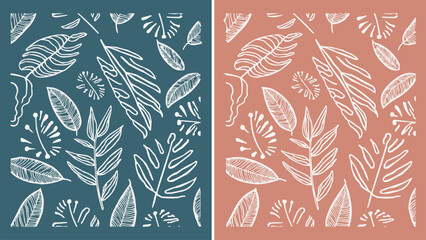 Tropical leaf pattern line art seamless background in teal and terracotta colors, hand drawn botanical foliage vector illustration
