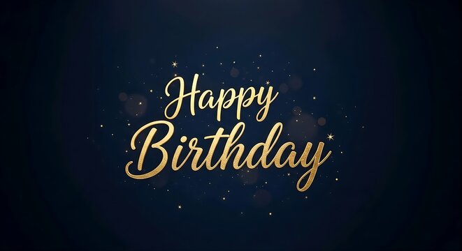 Elegant golden Happy Birthday typography on a dark blue background with sparkling bokeh lights, a festive and celebratory greeting card design
