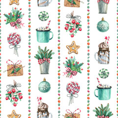 Watercolor seamless Christmas stripe pattern with mugs of cocoa, lollipops, ornaments and holly branches on white background. Hand-painted festive illustration perfect for wrapping paper, fabric print