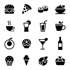 Collection of food and beverage icons including burgers, pizza, sushi, coffee, cocktails, desserts, and fruits