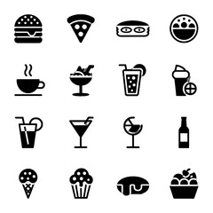 Collection of food and beverage icons including burgers, pizza, drinks, desserts, and fruit
