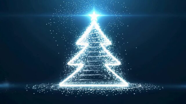 White sparkling particles draw an animated Christmas tree with a star in a dark blue environment. Perfect for winter holidays, greetings, and festive openers.