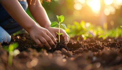 Female gardener planting in bright sunny garden, hands of biracial woman caring for green plants and flowers, natural lifestyle, outdoor hobby, peaceful domestic life, and spring gardening enjoyment