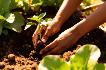 Beautiful biracial woman gardening in sunny backyard, hands planting green plants in soil, cheerful lifestyle activity in nature, outdoor leisure and cultivation symbolizing serenity, growth, vitality