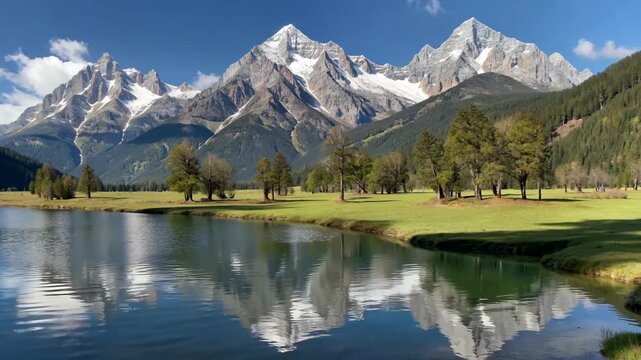 mountains reflected in a lake with a green field and trees