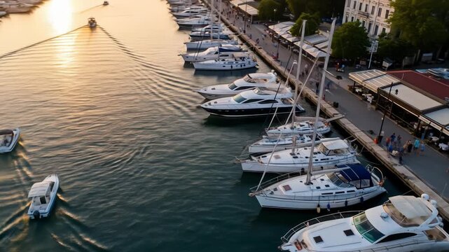 Aerial view of a marina at dusk with boats docked and navigating the water