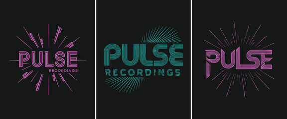 Pulse recordings neon typography with retro futuristic line art and radial burst elements for music and DJ branding design